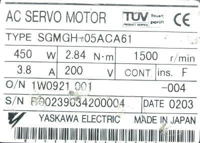 Yaskawa SGMGH-05ACA61 Nuevo motor de servo industrial original