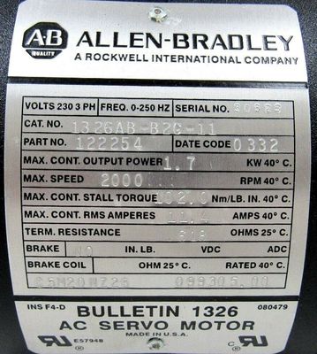 Actualizar a los servomotores AC de la serie AB 1326AB-B2C-11 Torque Plus para un rendimiento óptimo