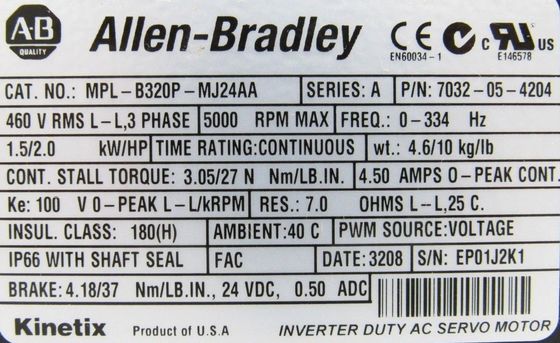 Allen-Bradley MPL-B320P-MJ22AA Kinetix MPL Servo motor de baja inercia
